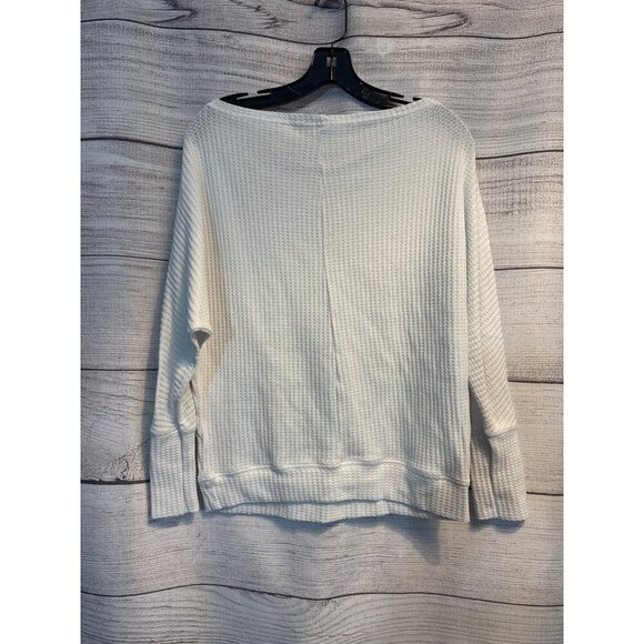 White Waffle Knit Long Sleeve Top With Boat Neckline & Ribbed Hem Size L - Picture 4 of 4